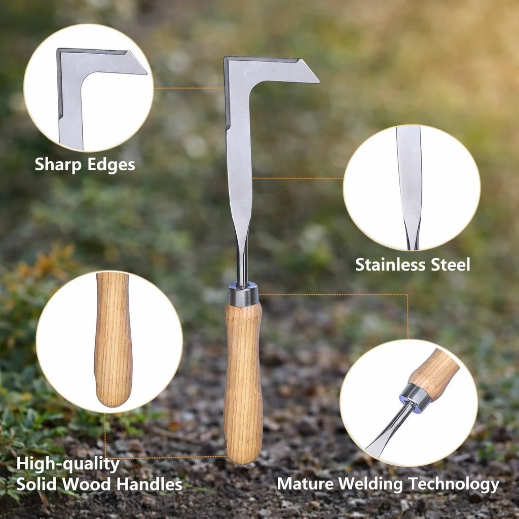 Crevice Weeding Tool L-Shaped Stainless Steel Blade Wooden Handle
