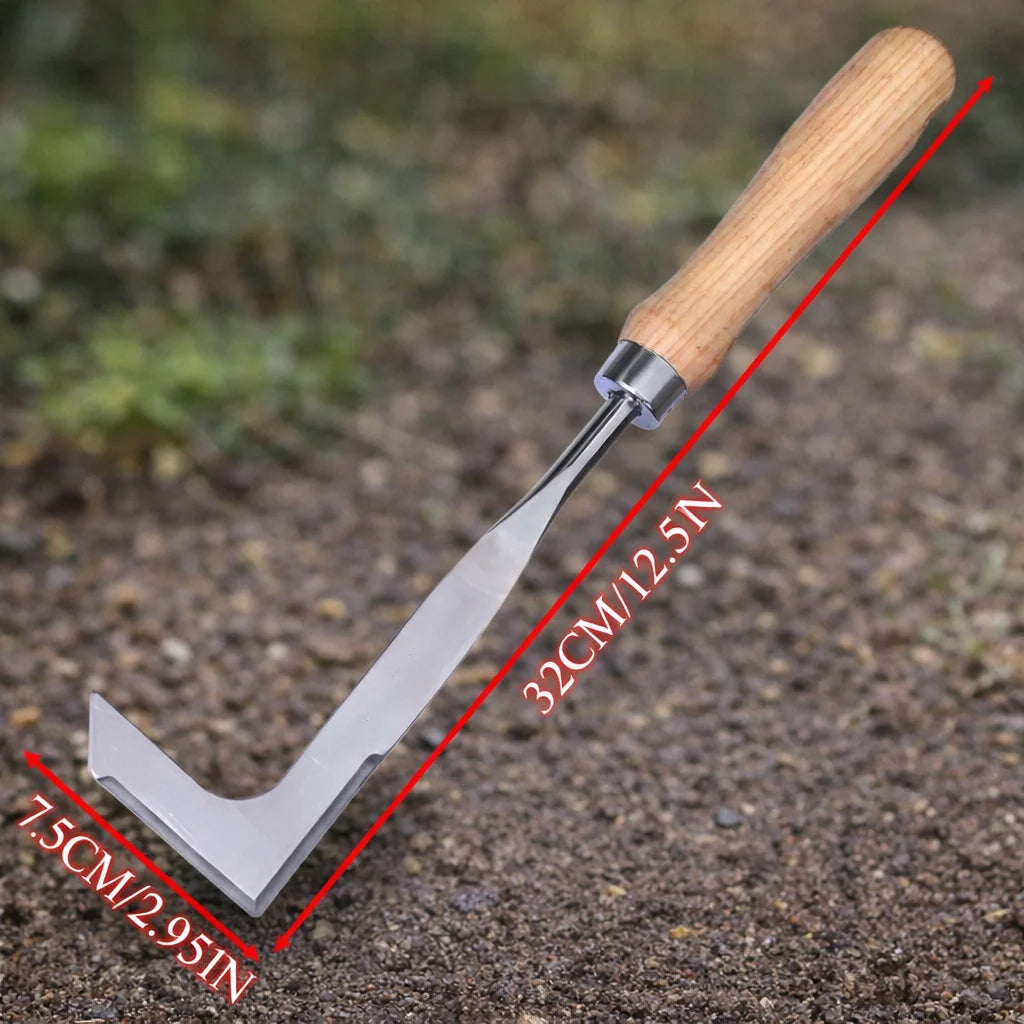 Crevice Weeding Tool L-Shaped Stainless Steel Blade Wooden Handle
