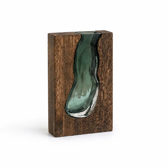 Curved Glass Insert in Live-Edge Solid Wood Frame Vase