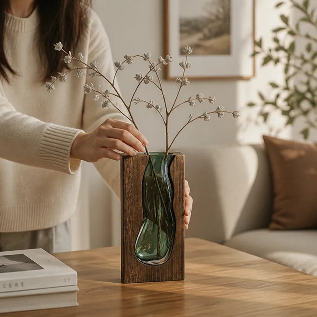 Curved Glass Insert in Live-Edge Solid Wood Frame Vase