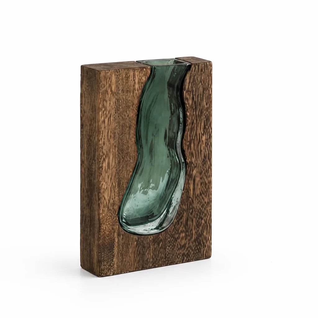 Curved Glass Insert in Live-Edge Solid Wood Frame Vase