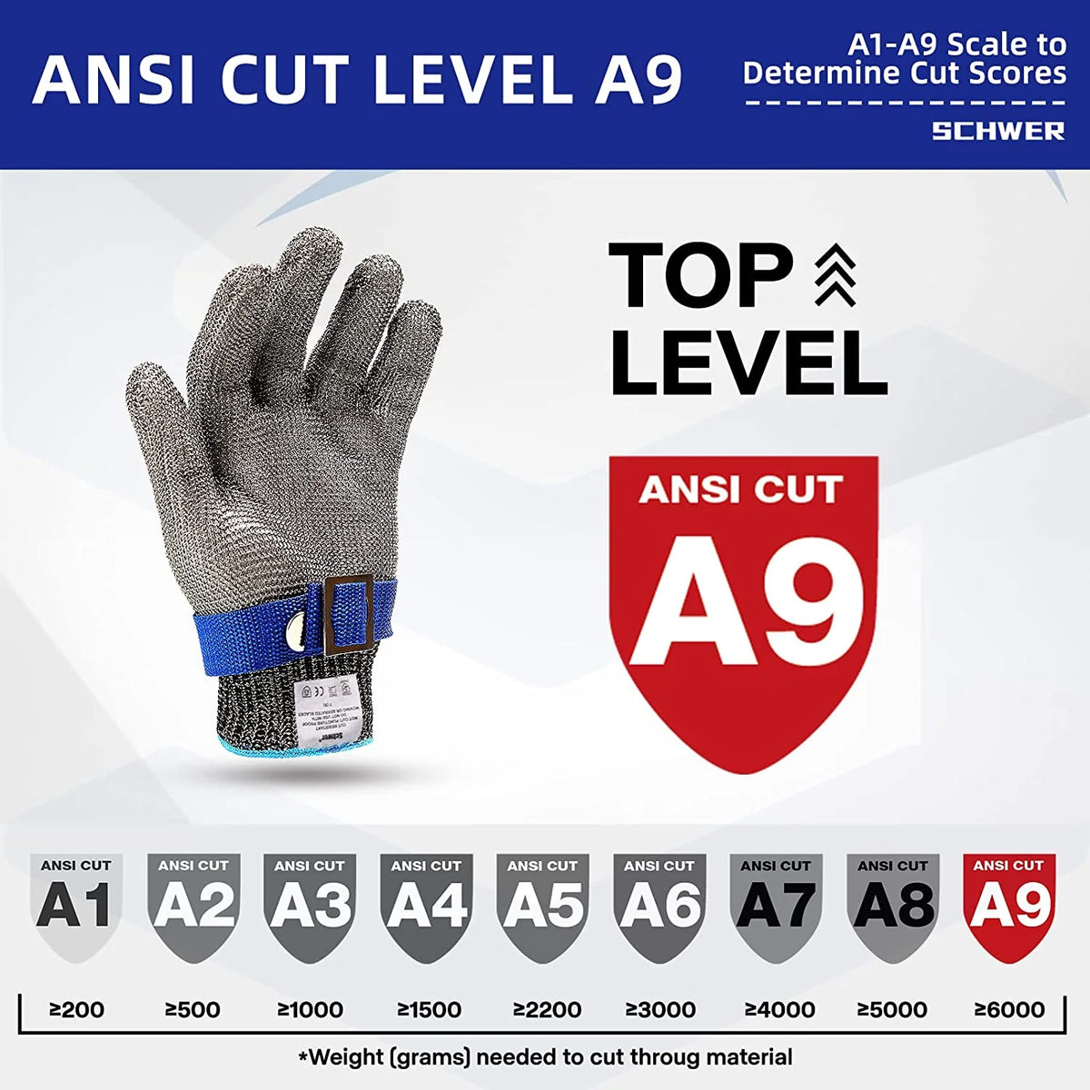 Cut-Resistant Glove 316L Stainless Steel Mesh ANSI A9 Dishwasher-Safe