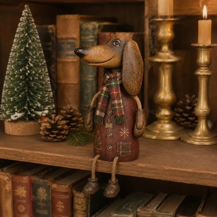 Dachshund Shelf Sitter Christmas Decor Plaid Scarf Rope Legs