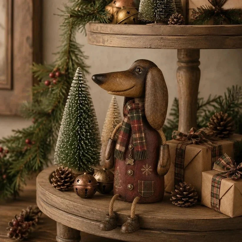 Dachshund Shelf Sitter Christmas Decor Plaid Scarf Rope Legs