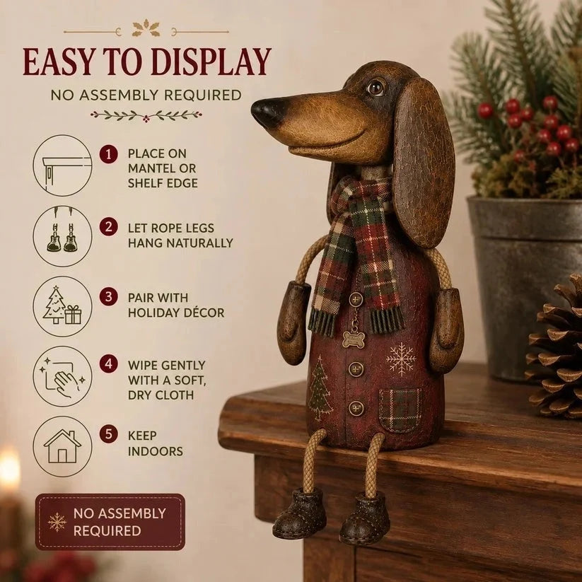 Dachshund Shelf Sitter Christmas Decor Plaid Scarf Rope Legs