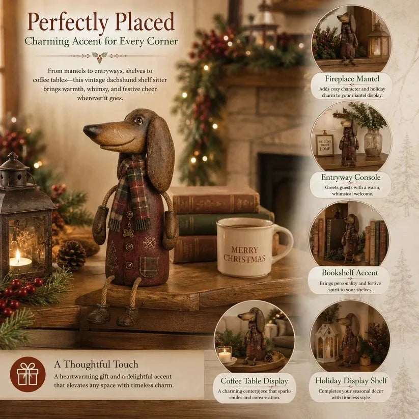 Dachshund Shelf Sitter Christmas Decor Plaid Scarf Rope Legs