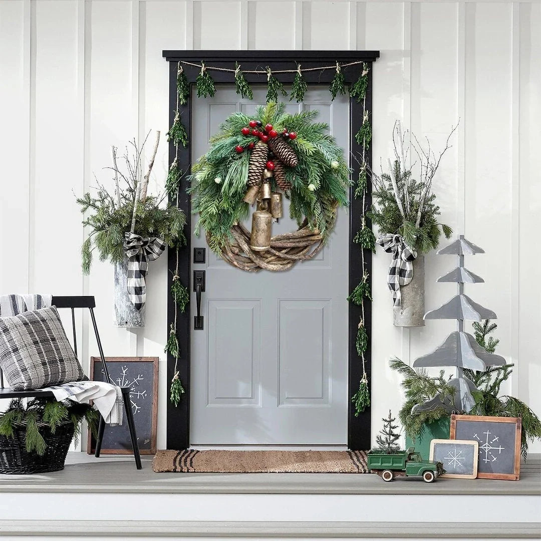 Decorative Wreath Pinecones & Golden Bells Weather-Resistant 17-Inch