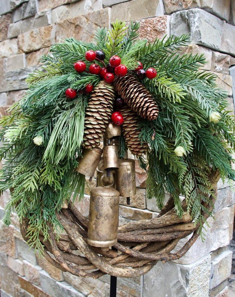 Decorative Wreath Pinecones & Golden Bells Weather-Resistant 17-Inch