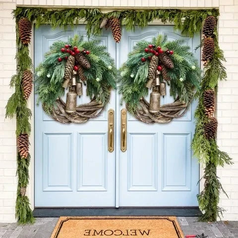 Decorative Wreath Pinecones & Golden Bells Weather-Resistant 17-Inch