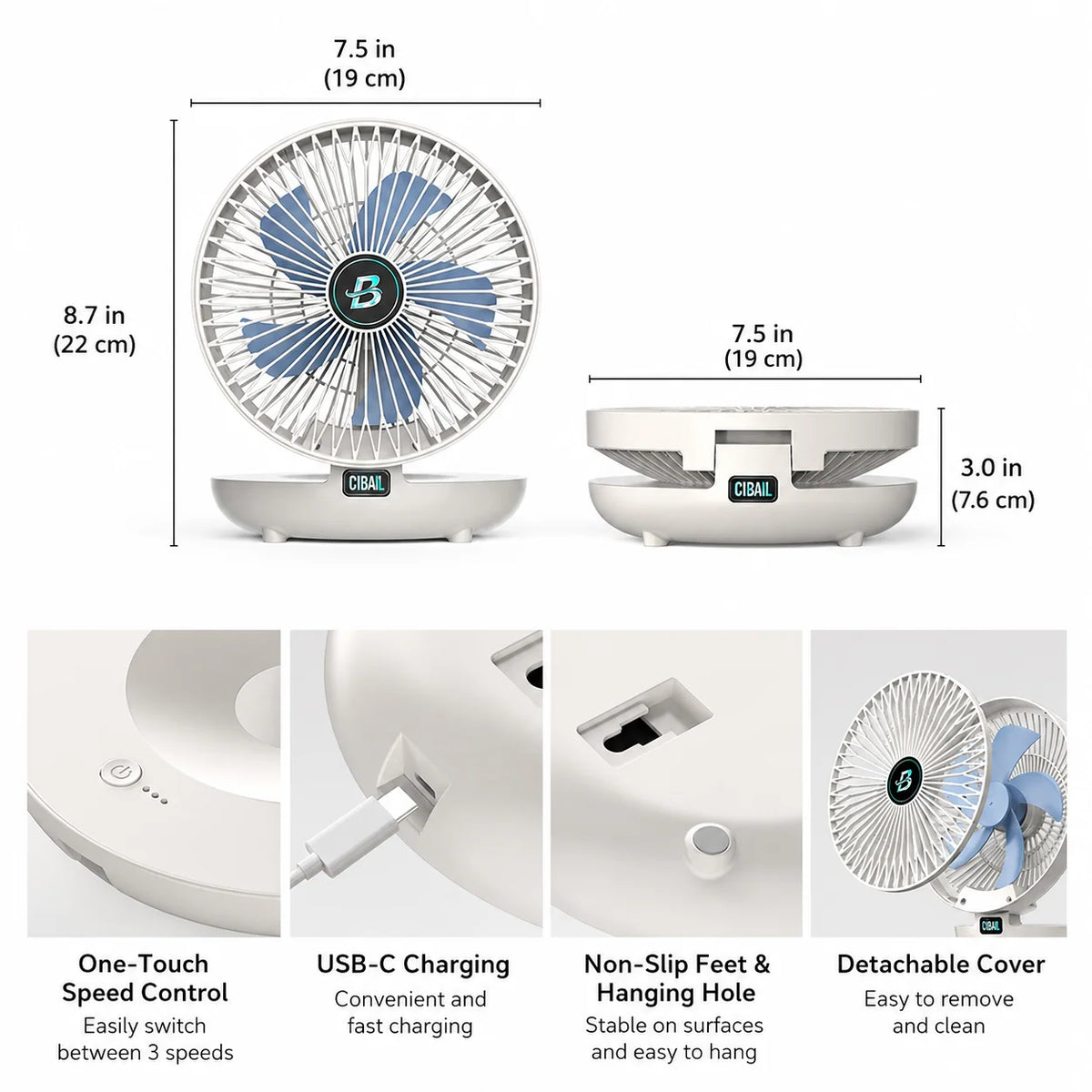 Desk Fan Cordless USB Rechargeable 36-Hour Battery Life