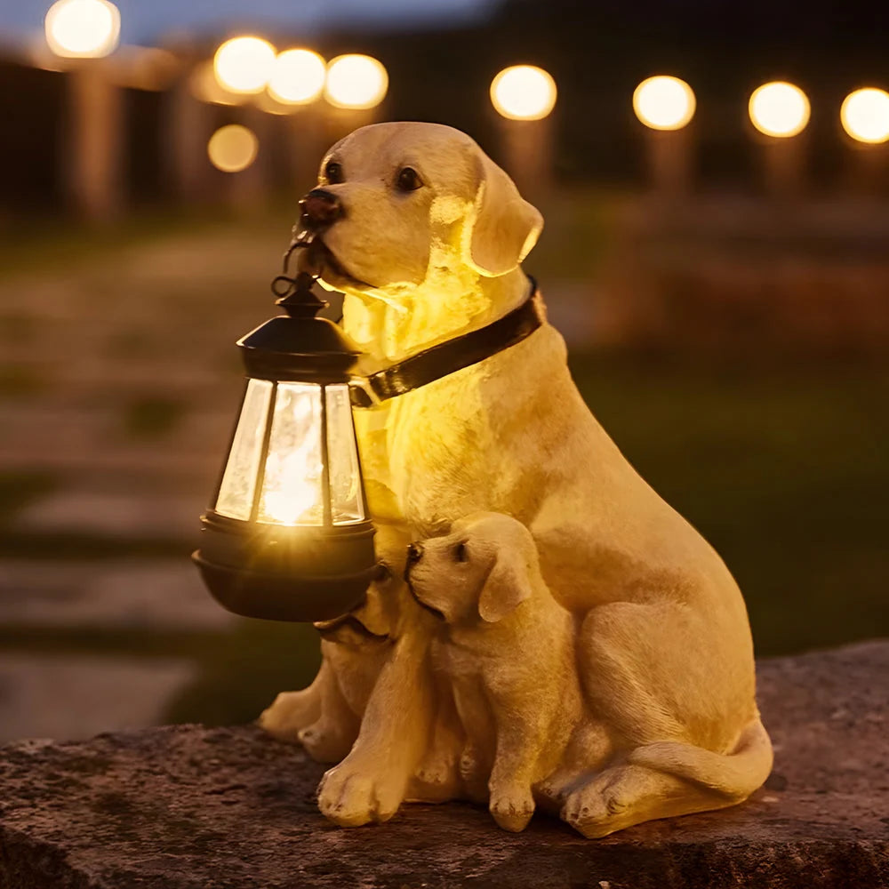 Dog Garden Statue Solar-Powered LED Lantern Weather-Resistant Resin