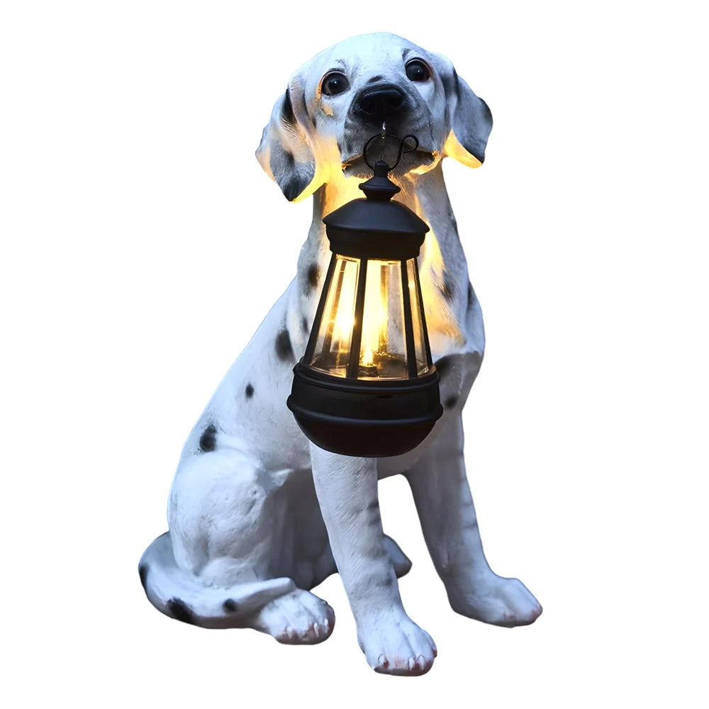 Dog Garden Statue Solar-Powered LED Lantern Weather-Resistant Resin
