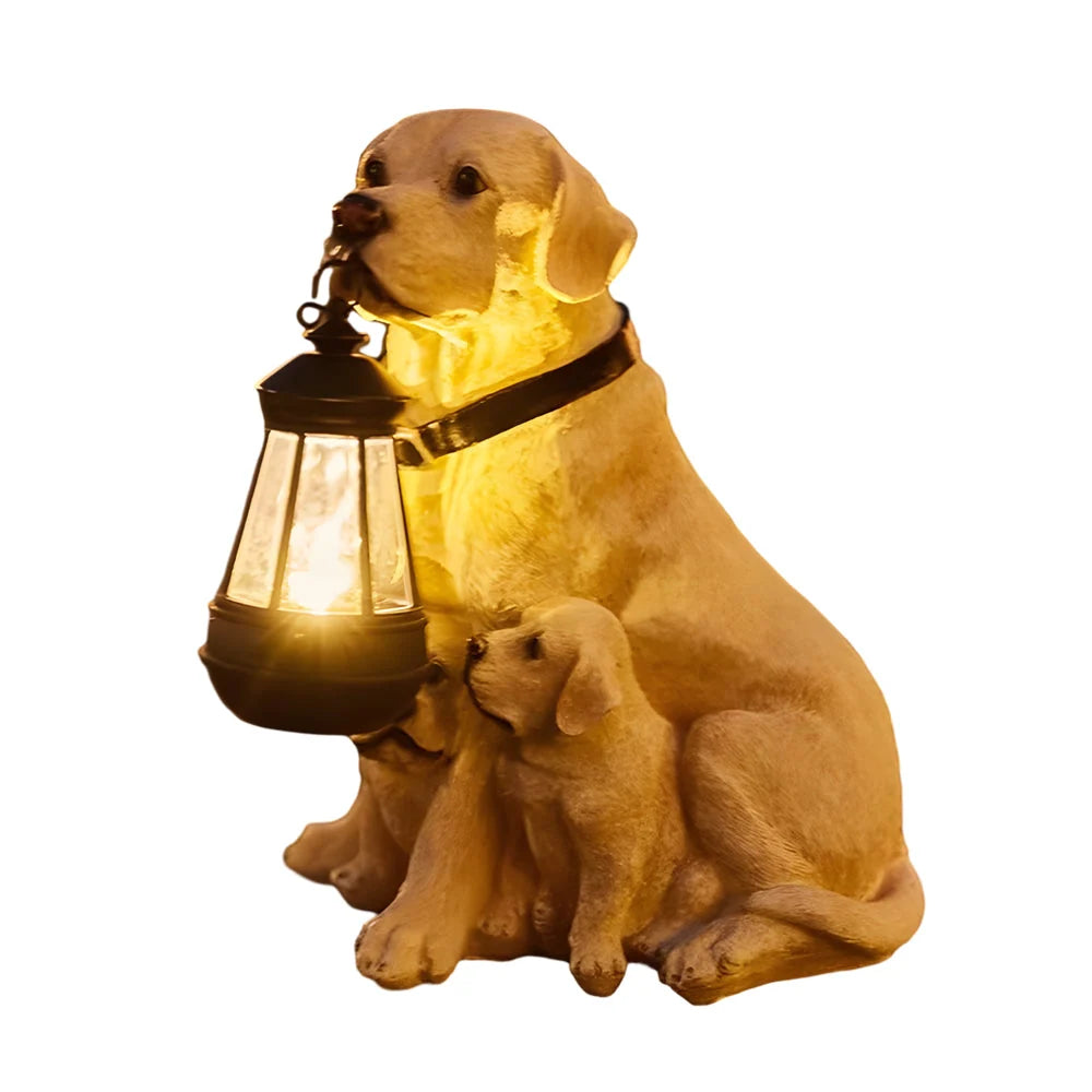 Dog Garden Statue Solar-Powered LED Lantern Weather-Resistant Resin