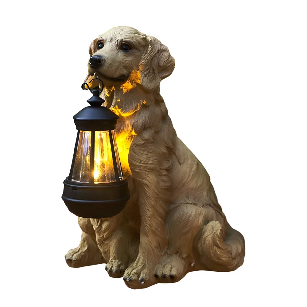 Dog Garden Statue Solar-Powered LED Lantern Weather-Resistant Resin