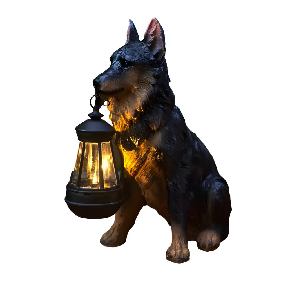 Dog Garden Statue Solar-Powered LED Lantern Weather-Resistant Resin
