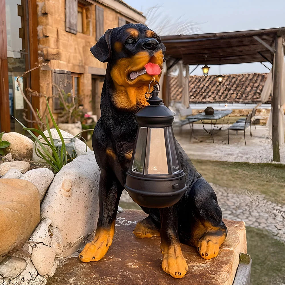Dog Garden Statue Solar-Powered LED Lantern Weather-Resistant Resin