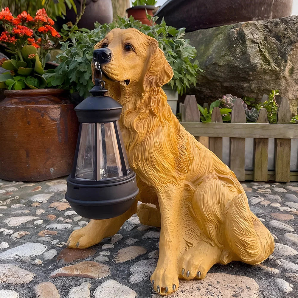 Dog Garden Statue Solar-Powered LED Lantern Weather-Resistant Resin