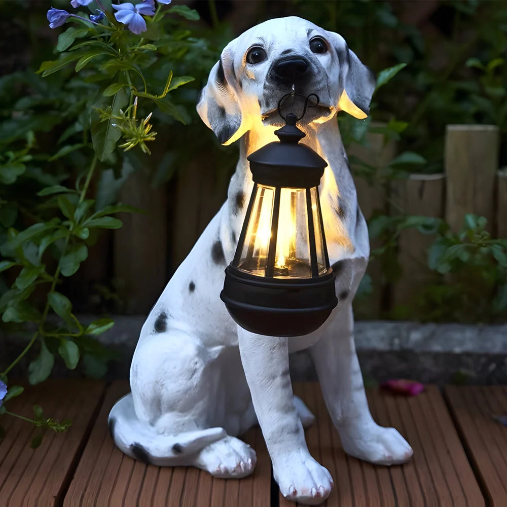 Dog Garden Statue Solar-Powered LED Lantern Weather-Resistant Resin