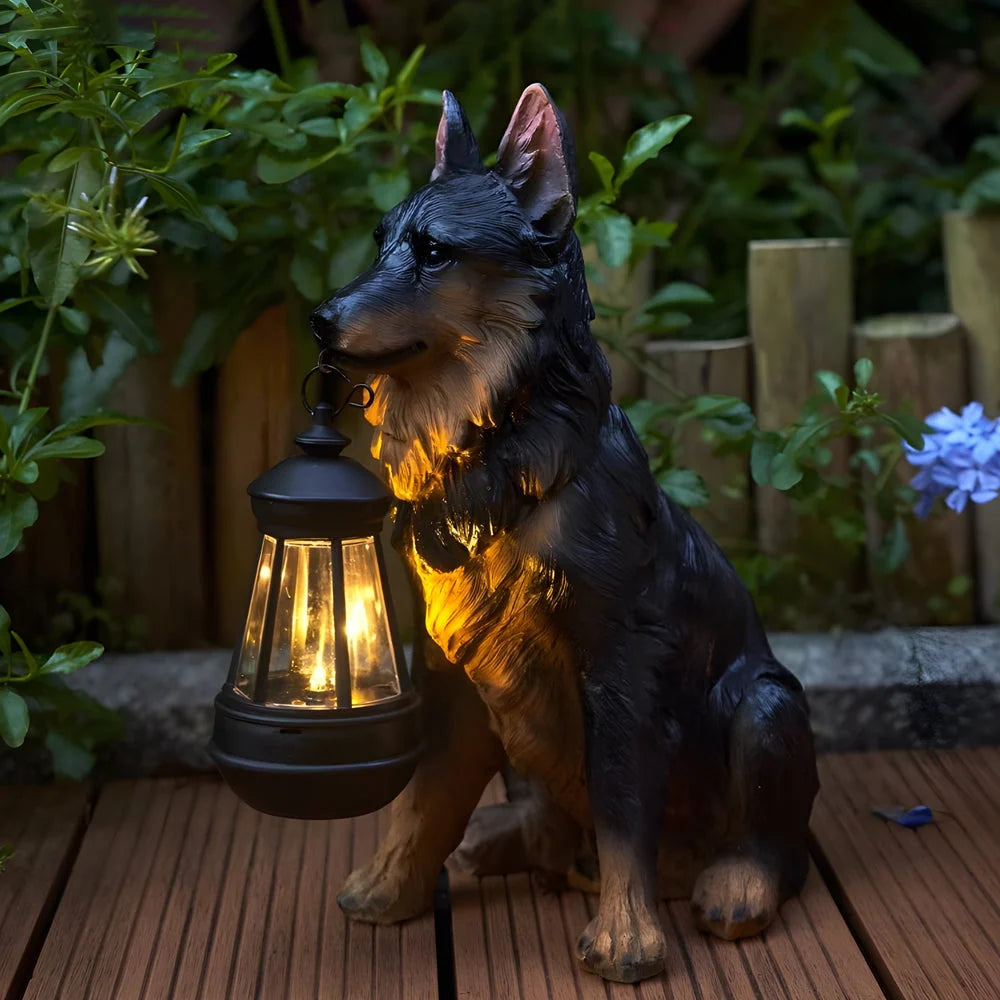 Dog Garden Statue Solar-Powered LED Lantern Weather-Resistant Resin