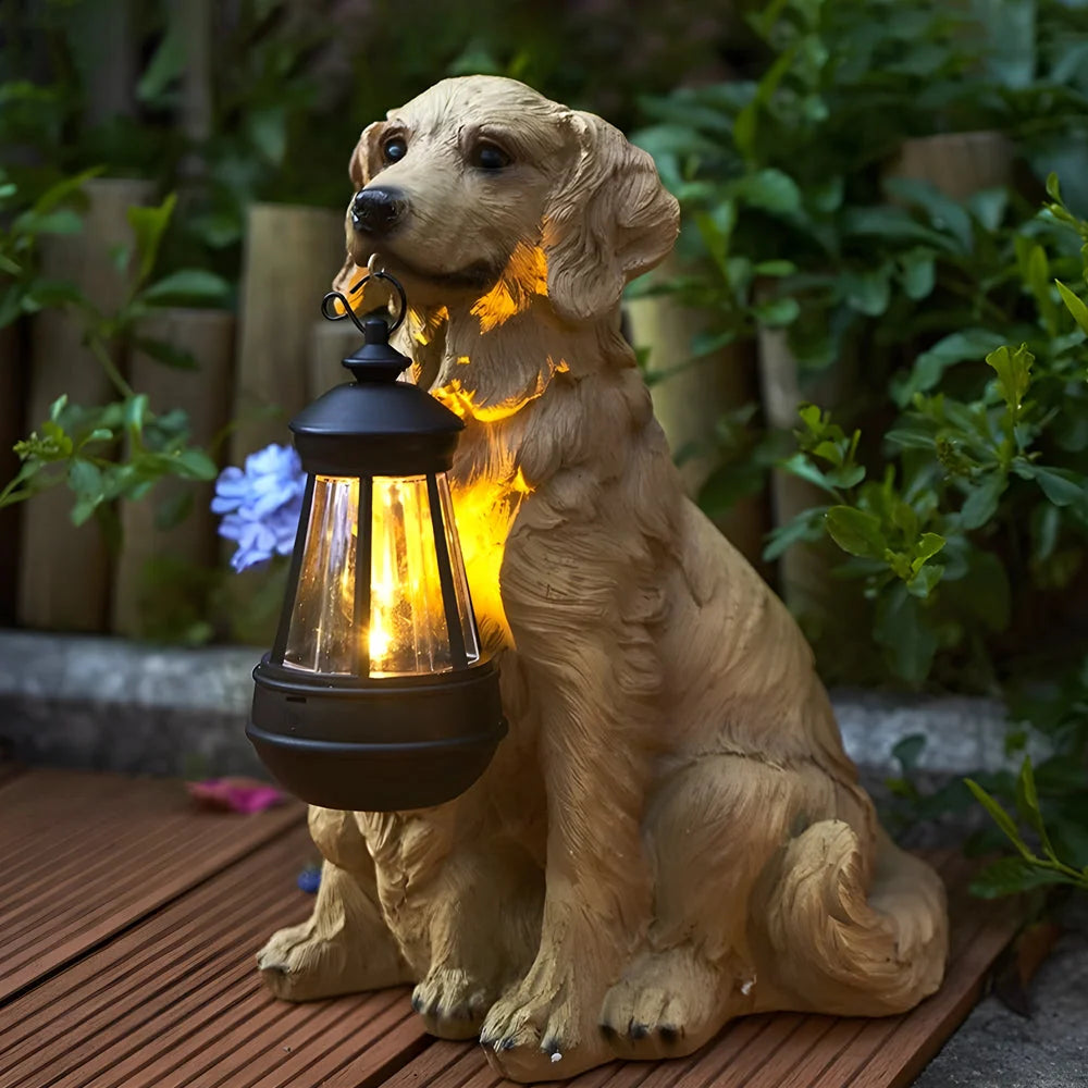 Dog Garden Statue Solar-Powered LED Lantern Weather-Resistant Resin
