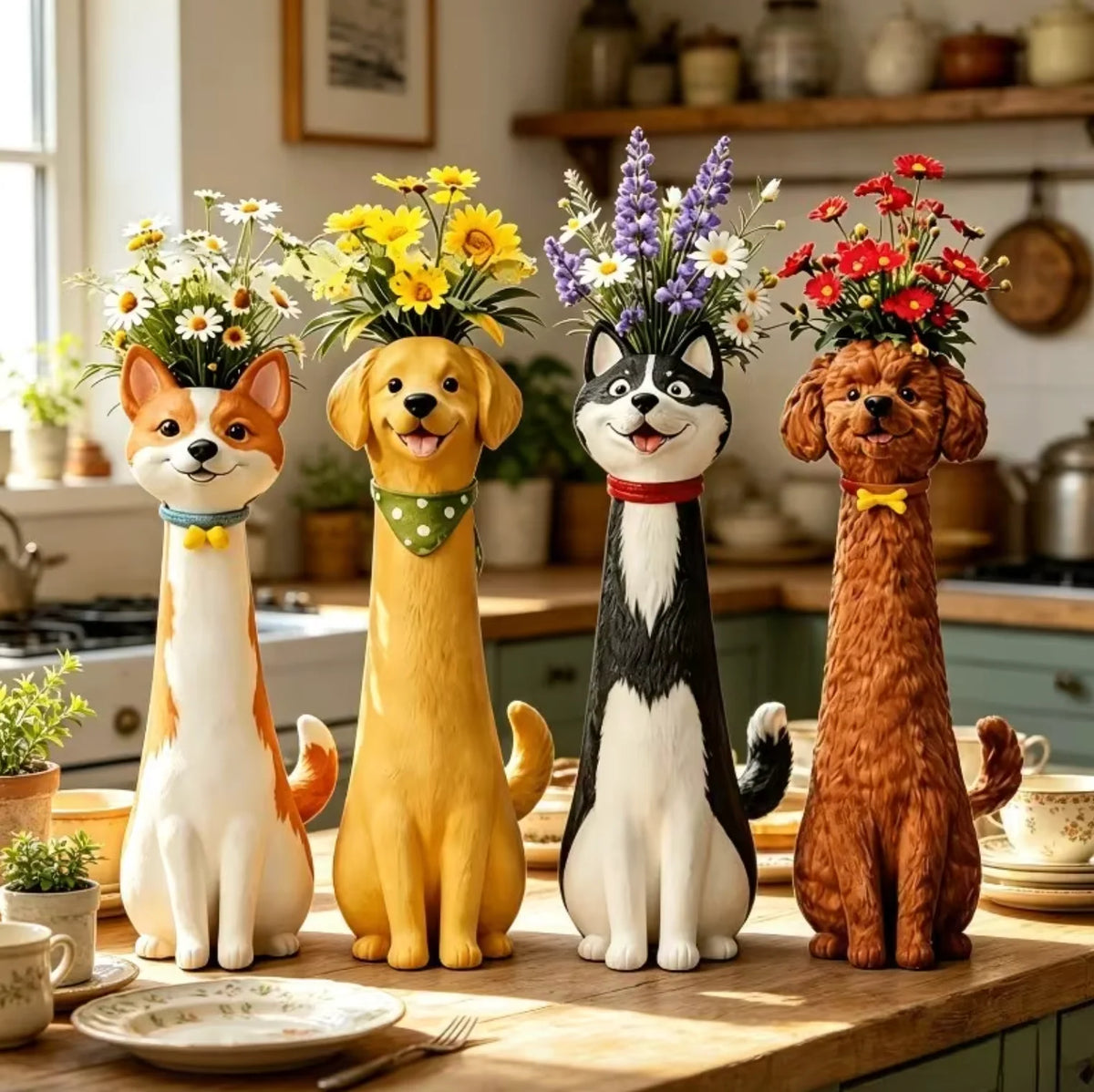 Dog Vase Hand-Painted Resin for Fresh or Dried Flowers