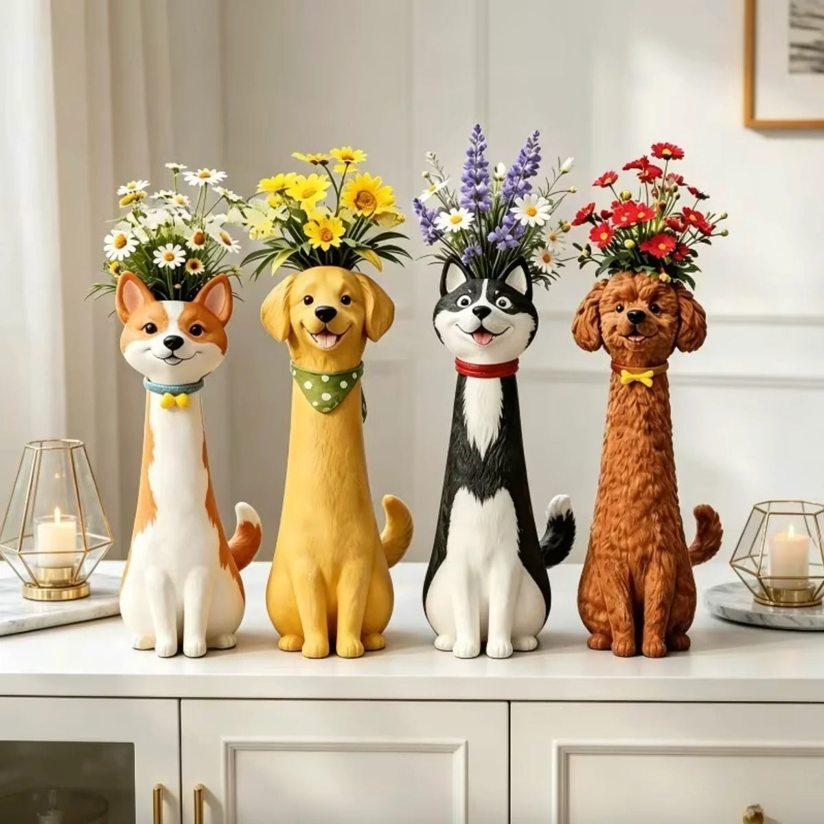Dog Vase Hand-Painted Resin for Fresh or Dried Flowers