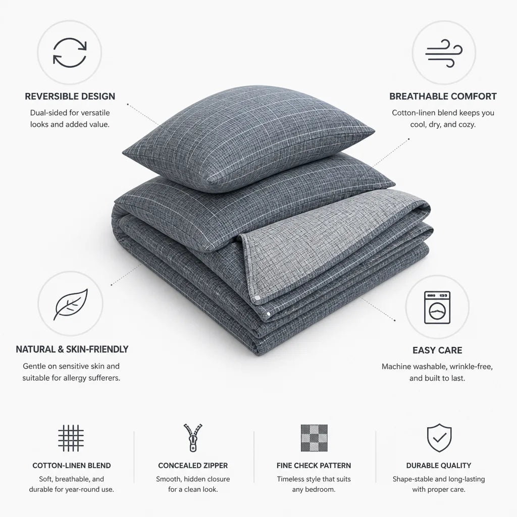 Duvet Cover Set Reversible Cotton-Linen Temperature-Regulating