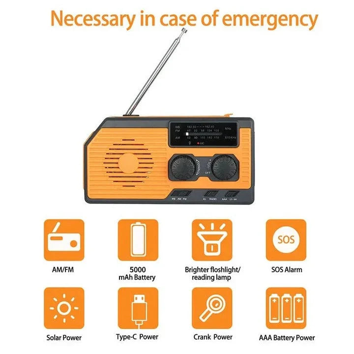 Emergency Weather Radio Solar & Hand Crank Charging 5000mAh