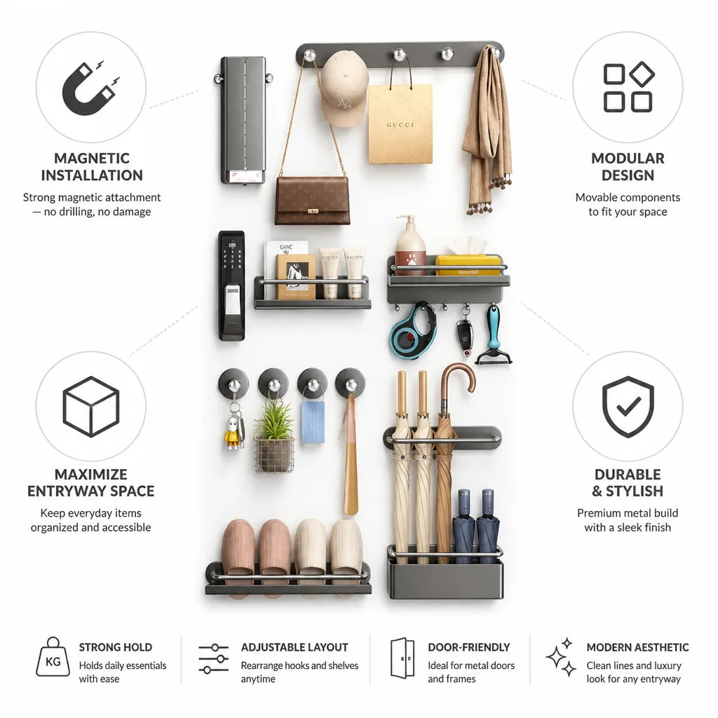 Entryway Organizer Magnetic Hooks Shelf & Umbrella Holder