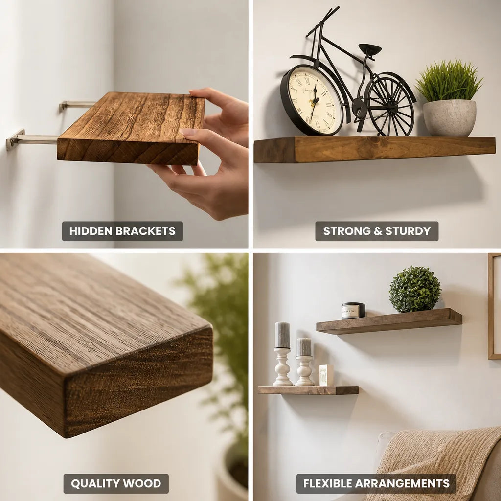 Floating Wall Shelf Wooden Bracket-Free Design