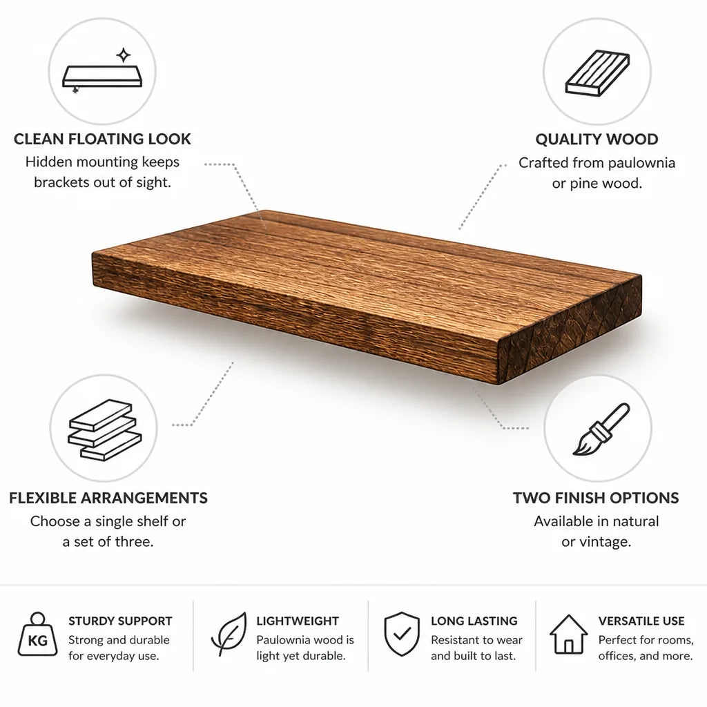 Floating Wall Shelf Wooden Bracket-Free Design