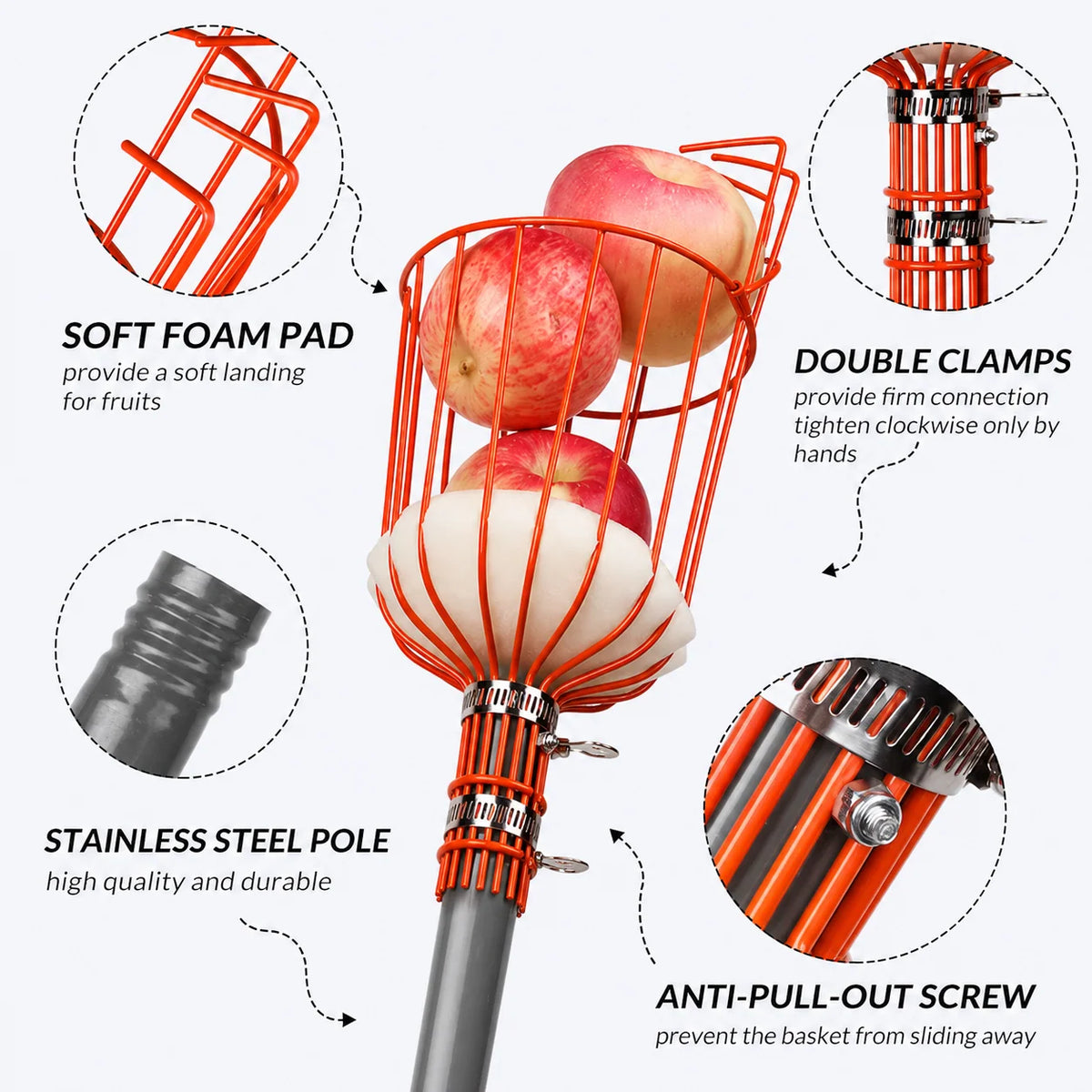 Fruit Picker Telescoping Steel Handle Cushioned Landing Pad