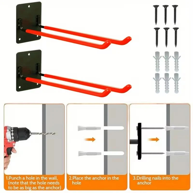 Garage Storage Hooks Steel Anti-Slip Wall-Mounted Set of 2