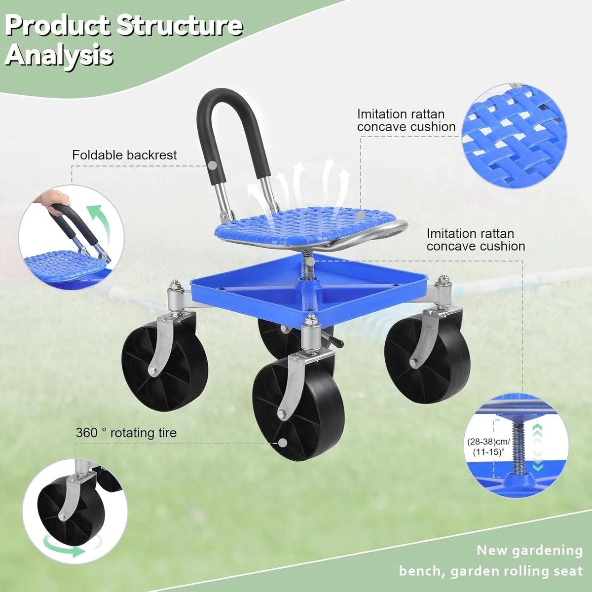 Garden Cart Seat 360° Swivel Adjustable Height All-Terrain Wheels