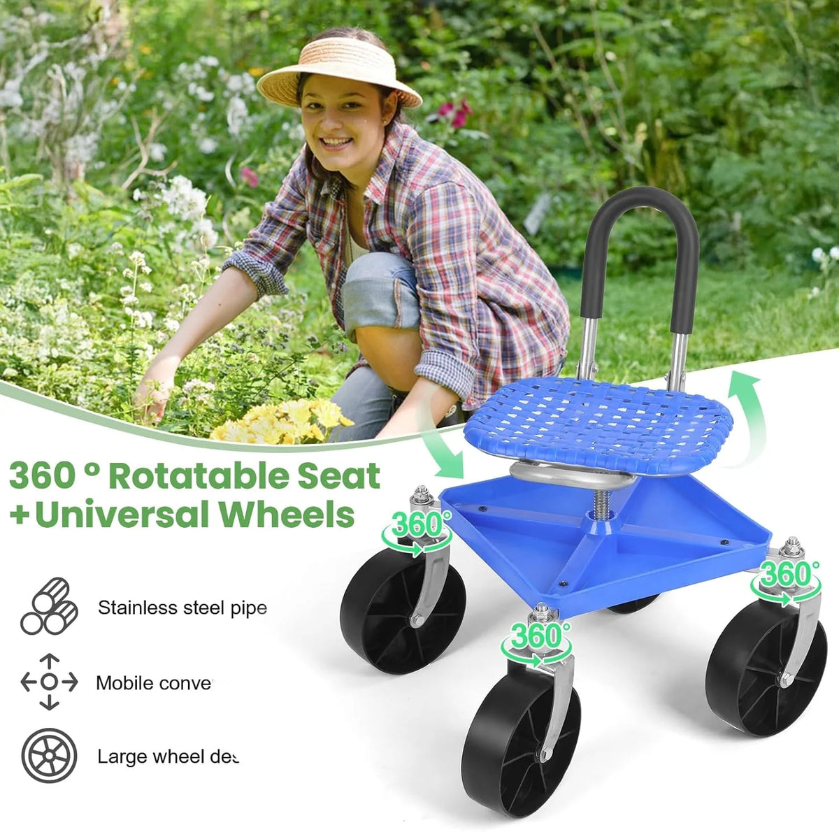 Garden Cart Seat 360° Swivel Adjustable Height All-Terrain Wheels