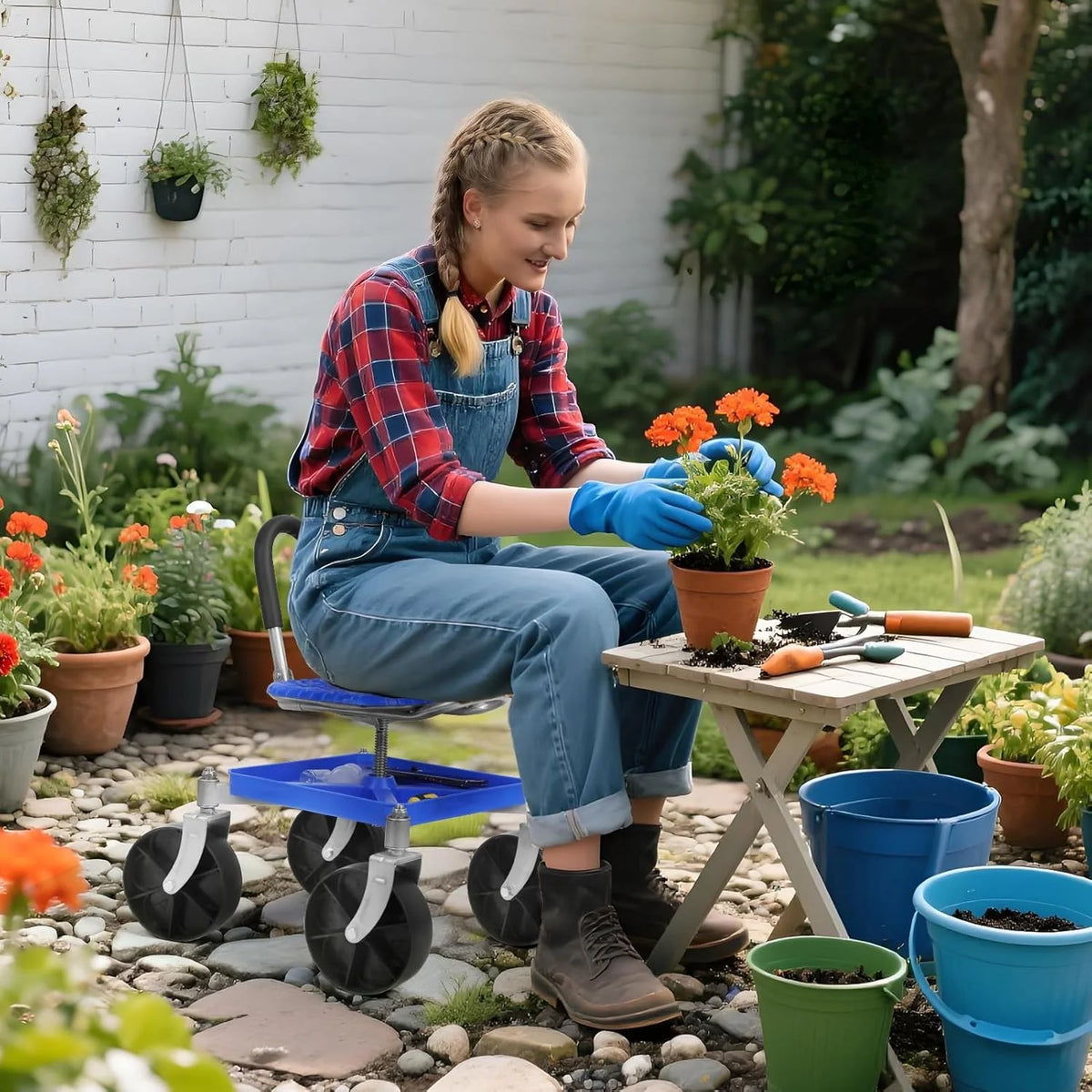 Garden Cart Seat 360° Swivel Adjustable Height All-Terrain Wheels