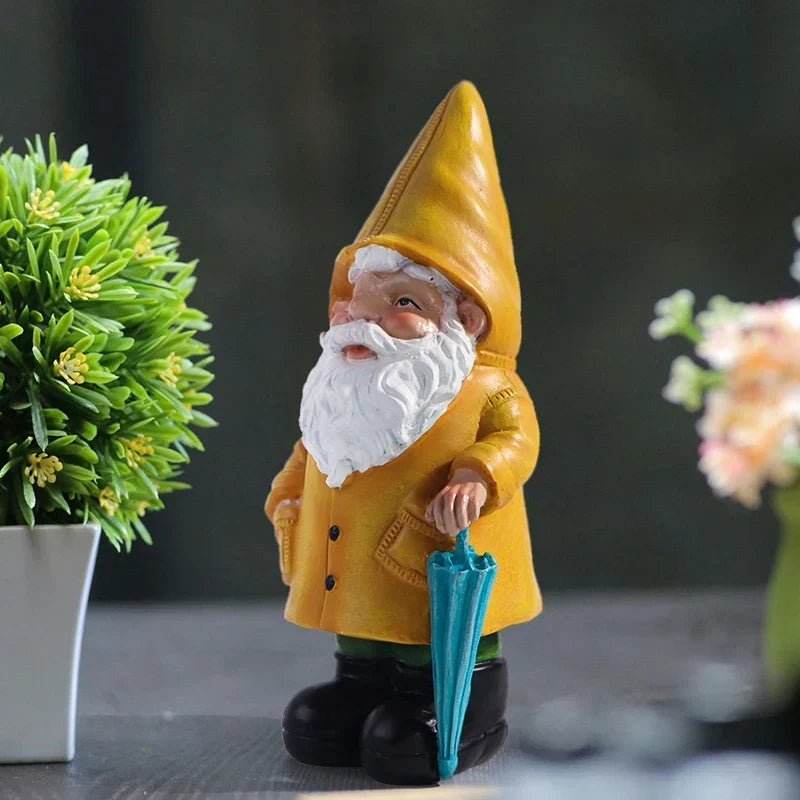 Garden Gnome Statue Resin Weatherproof Yellow Umbrella Design