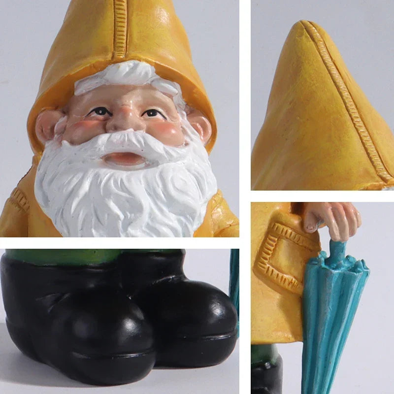 Garden Gnome Statue Resin Weatherproof Yellow Umbrella Design