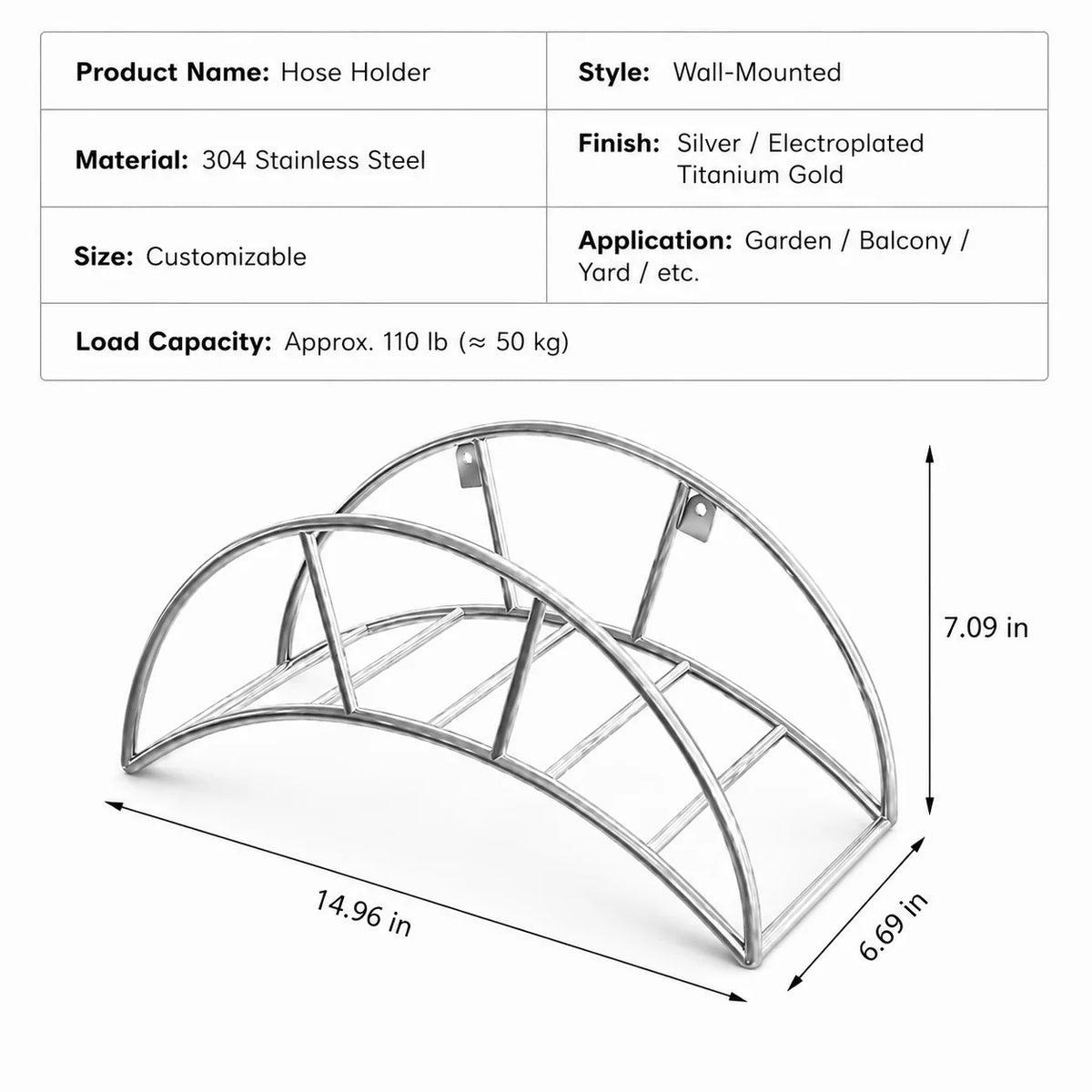 Garden Hose Holder Wall-Mounted Stainless Steel 110 lb Capacity