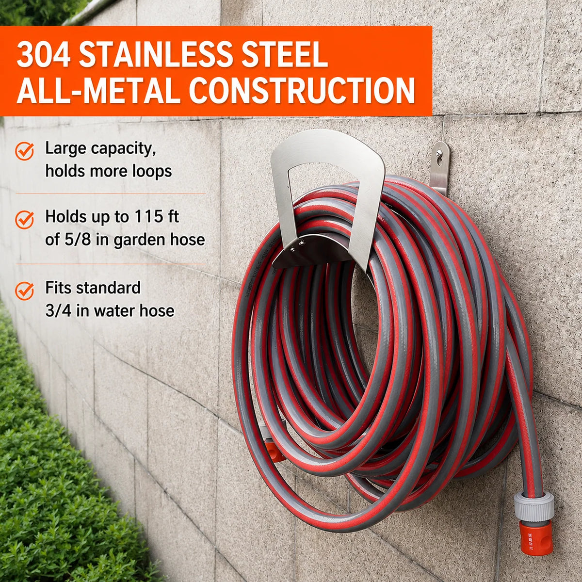 Garden Hose Holder Wall-Mounted Stainless Steel Holds 115 Ft