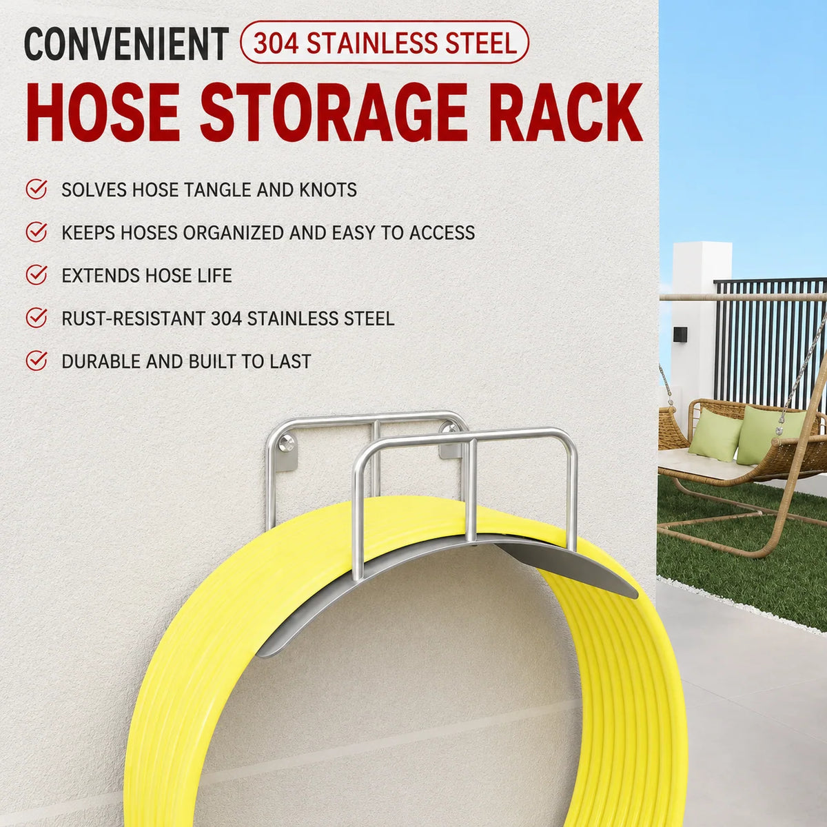 Garden Hose Holder Wall-Mounted Stainless Steel Space-Saving