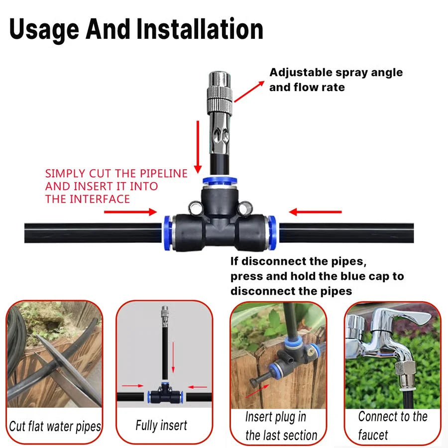 Garden Irrigation System 360° Adjustable Nozzles Quick-Connect Hose Kit