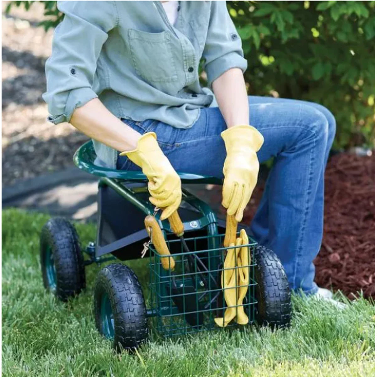 Garden Scooter Adjustable 360° Swivel Seat Pneumatic Tires