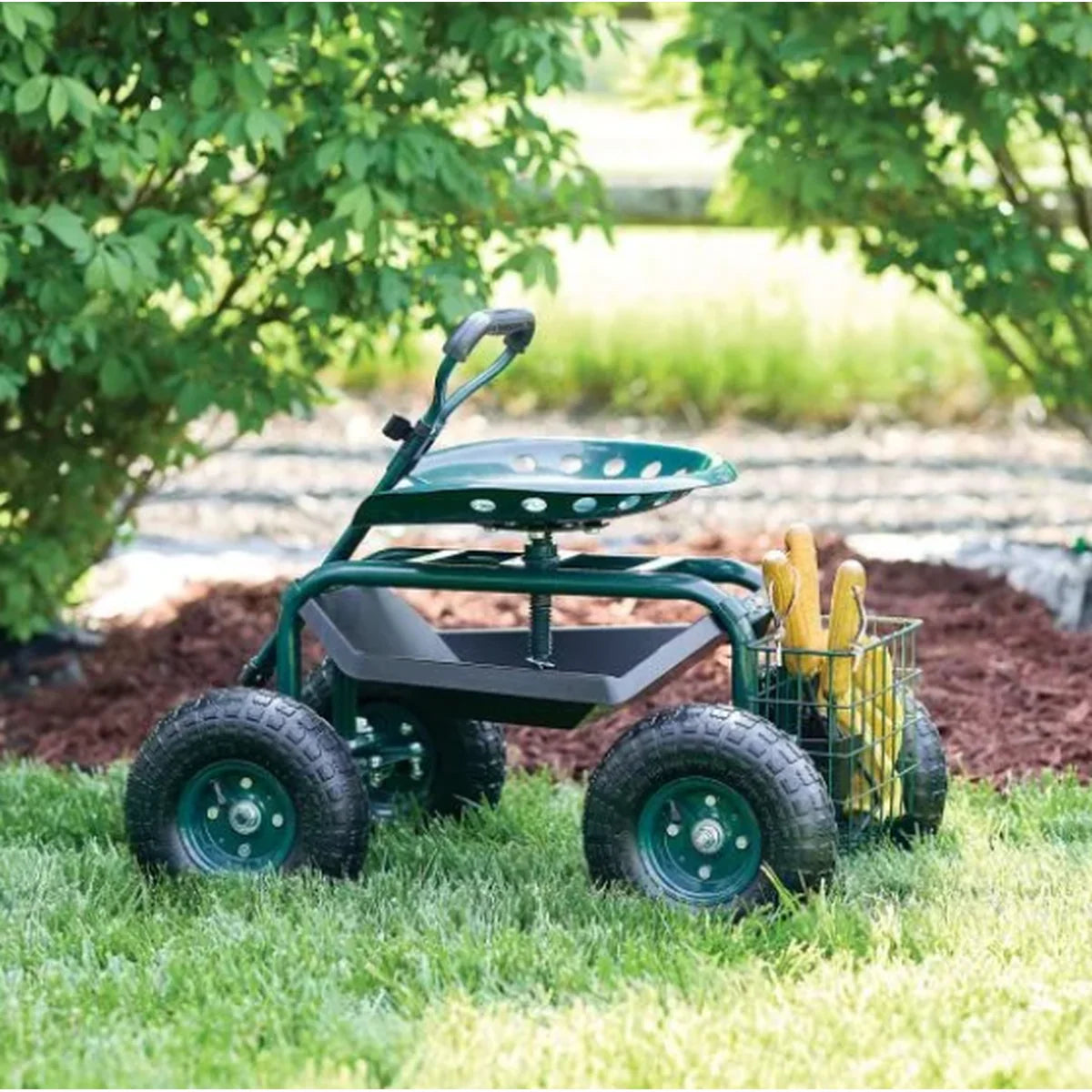 Garden Scooter Adjustable 360° Swivel Seat Pneumatic Tires
