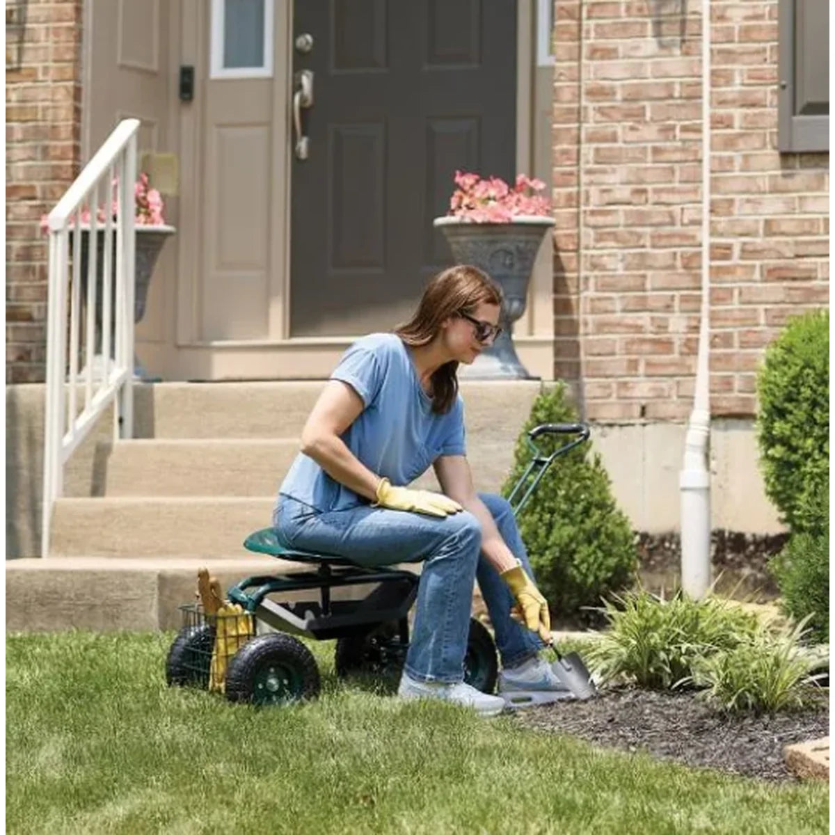 Garden Scooter Adjustable 360° Swivel Seat Pneumatic Tires