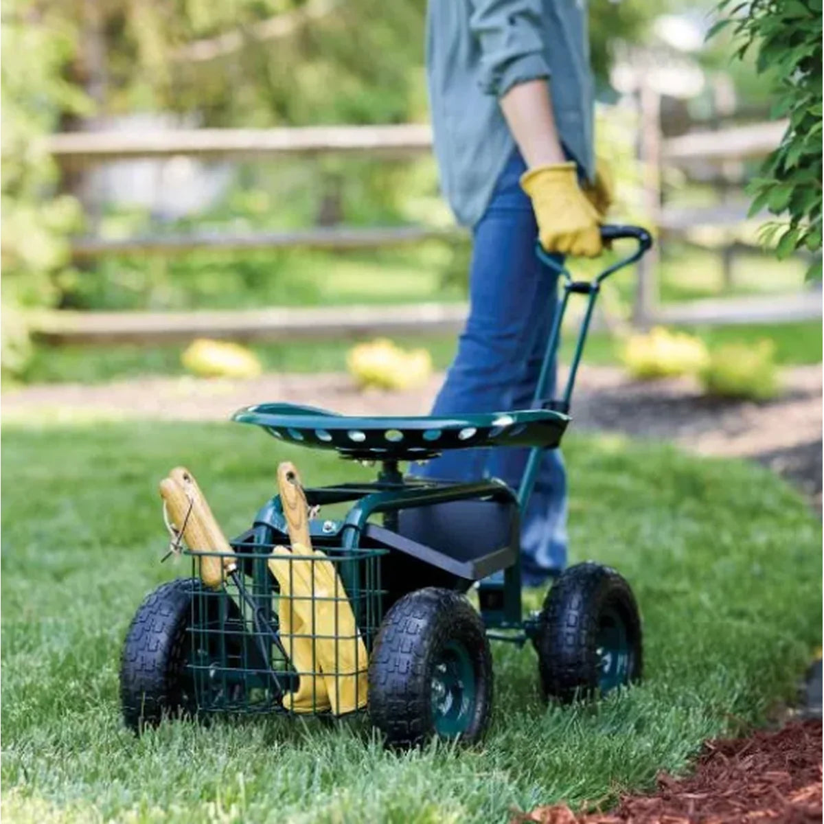 Garden Scooter Adjustable 360° Swivel Seat Pneumatic Tires