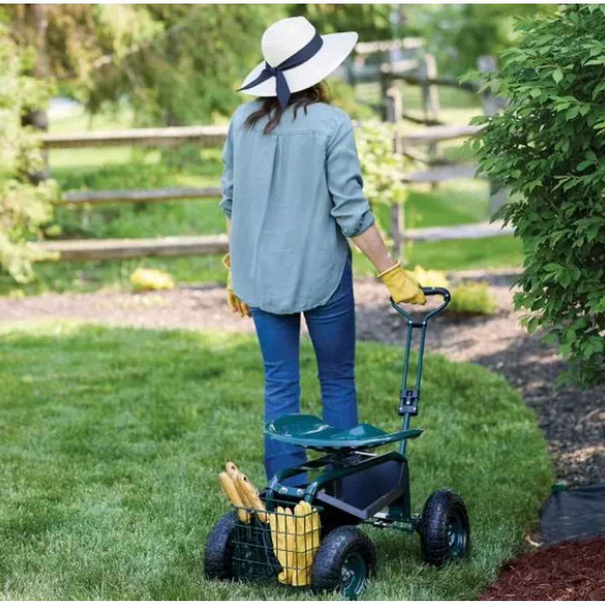 Garden Scooter Adjustable 360° Swivel Seat Pneumatic Tires