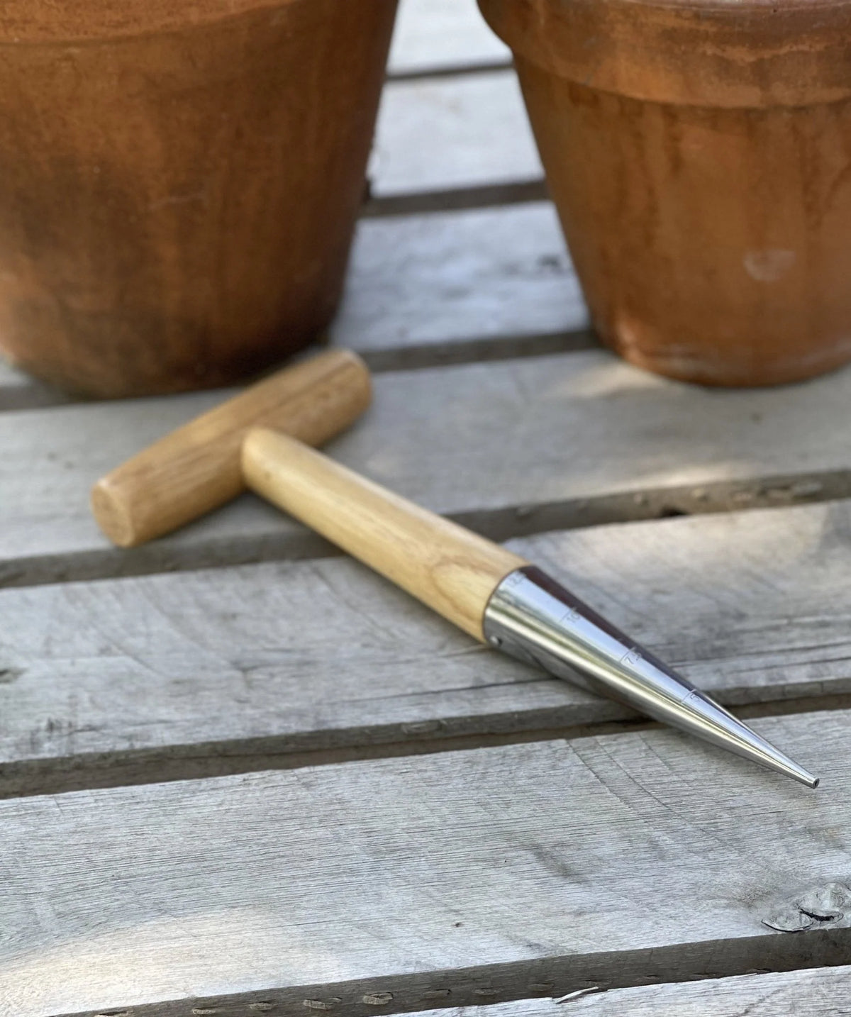 Garden Seed Dibber Beechwood Handle Stainless Steel Tip T-Shaped Grip