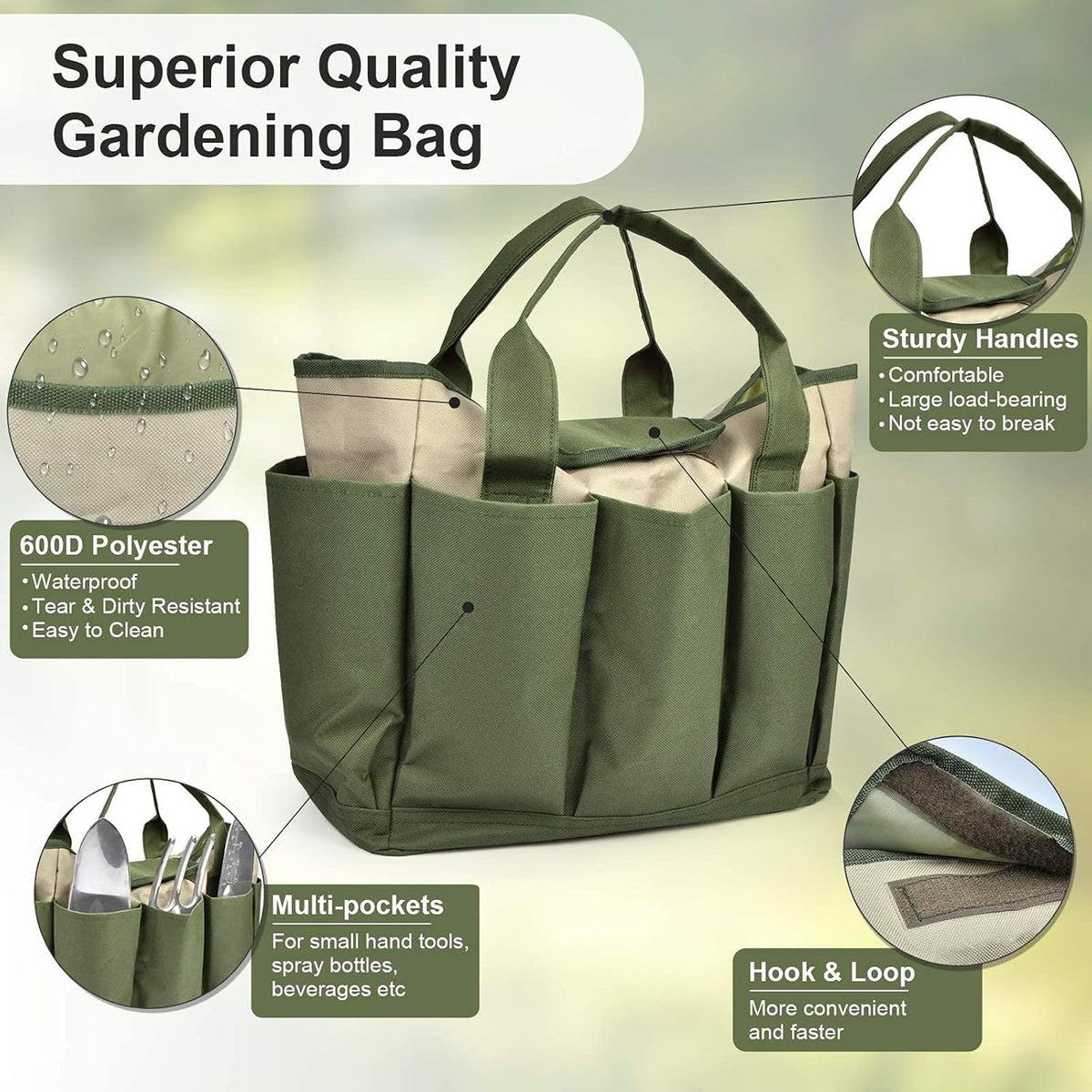 Garden Tool Tote Bag Multiple Pockets Water-Resistant Lining Reinforced Handles