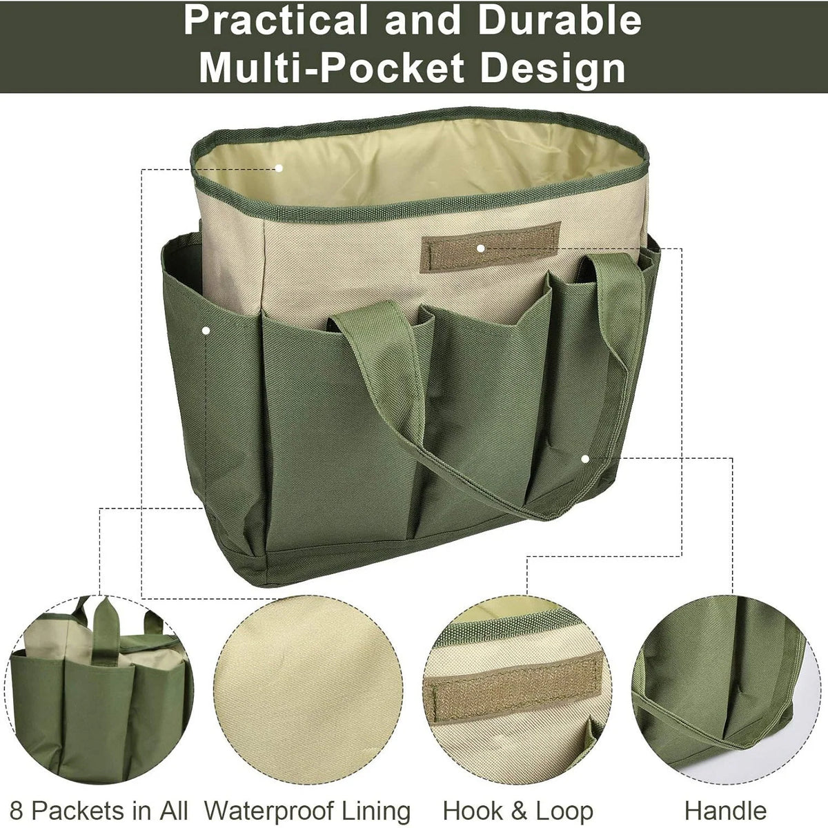 Garden Tool Tote Bag Multiple Pockets Water-Resistant Lining Reinforced Handles
